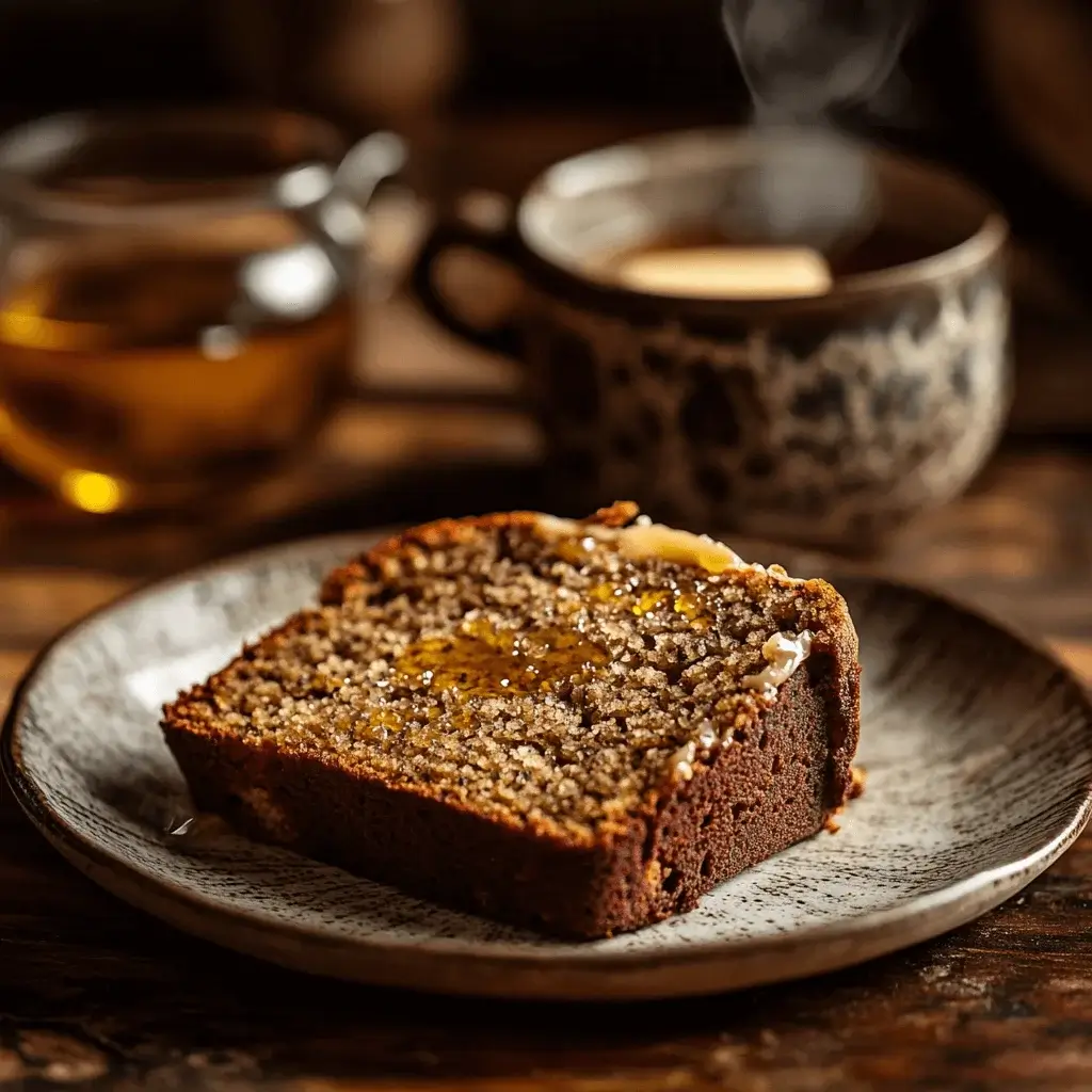 Sliced banana bread on a plate with a cup of tea