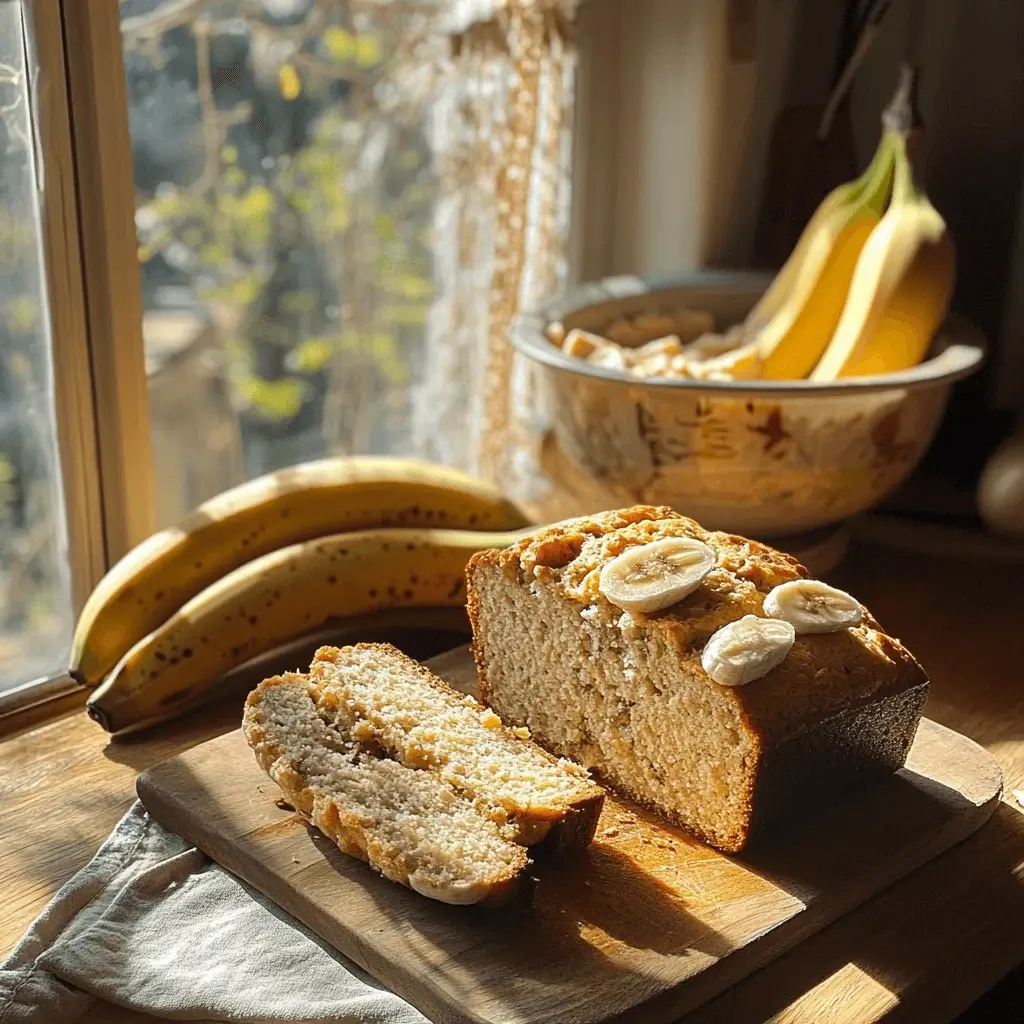 A loaf of freshly baked banana bread next to ripe bananas and a mixing bowl.