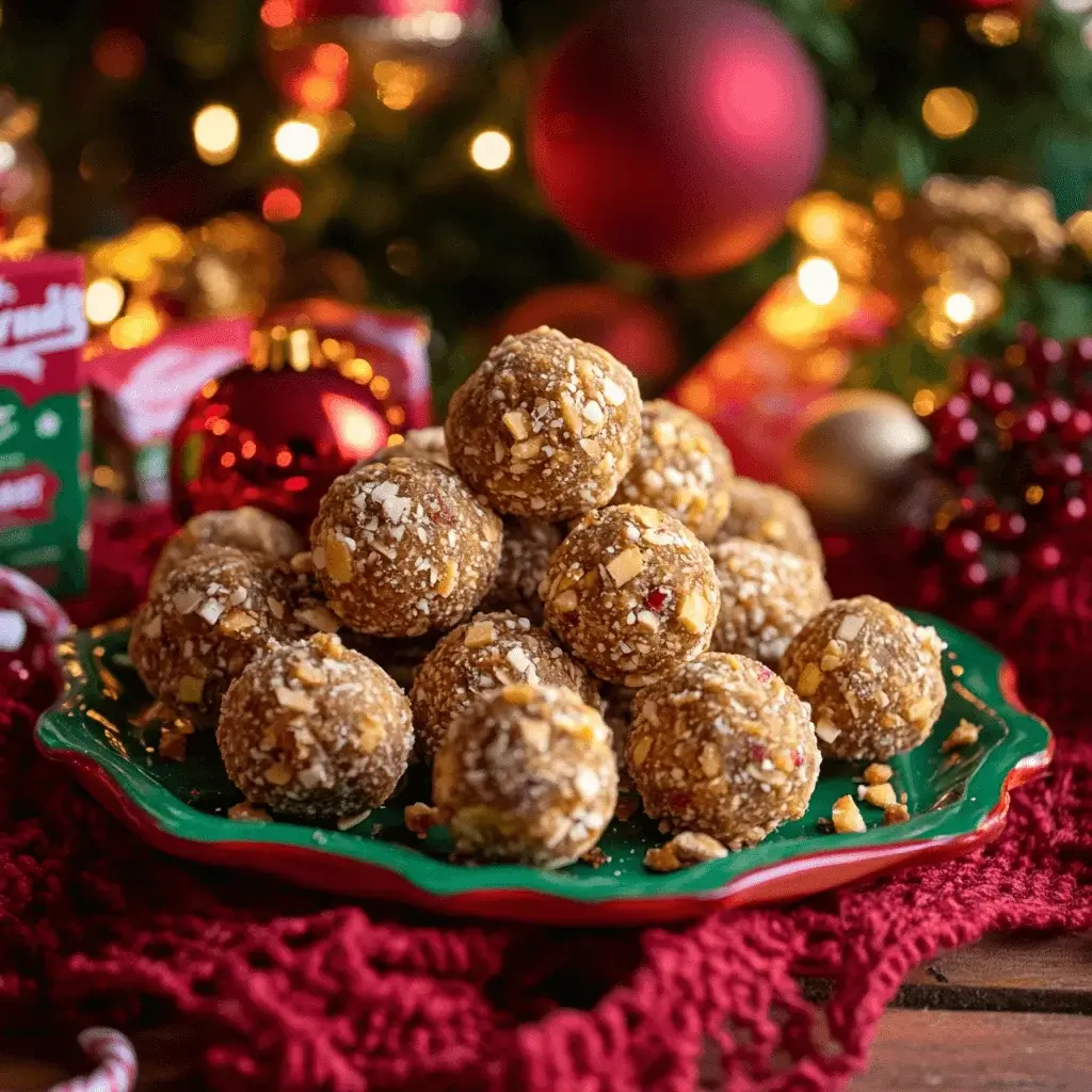 Butterfinger Balls served on a holiday-themed platter with decorations.