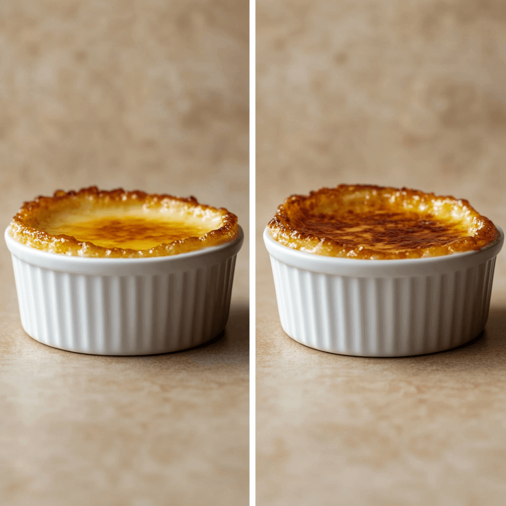 Comparison of crème brûlée’s caramelized topping and custard’s plain surface.