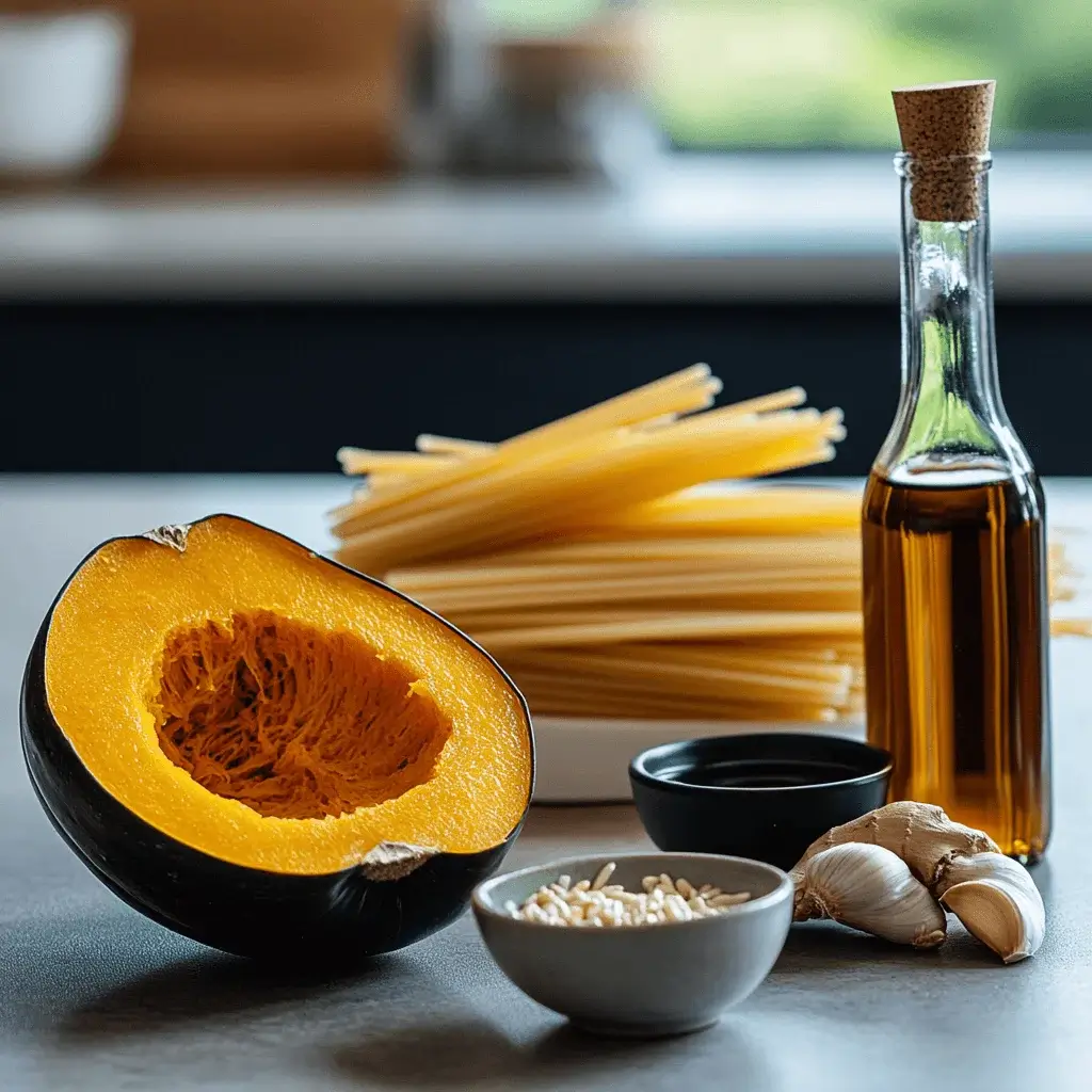 Chinese seasonings, kabocha squash, and pasta on a kitchen counter.