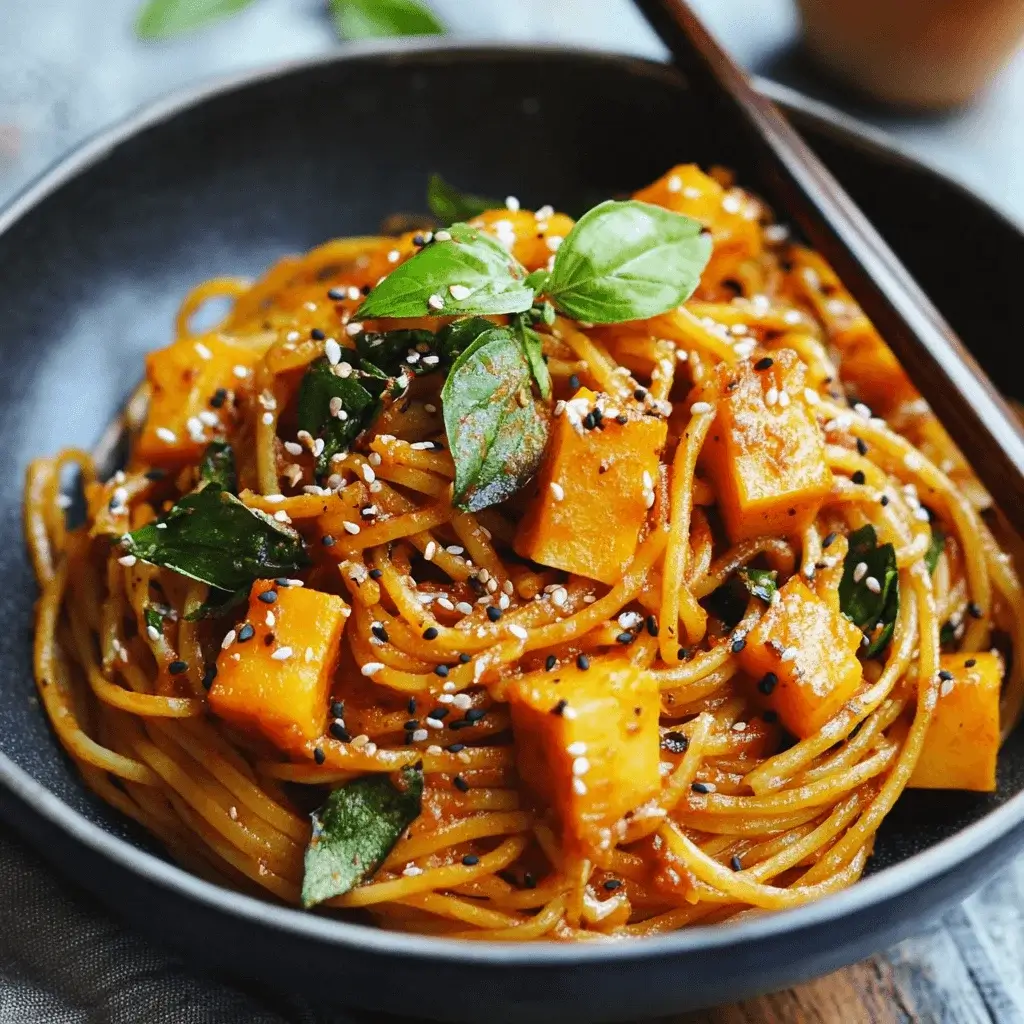 A vibrant vegan kabocha pasta dish with Chinese flavors.