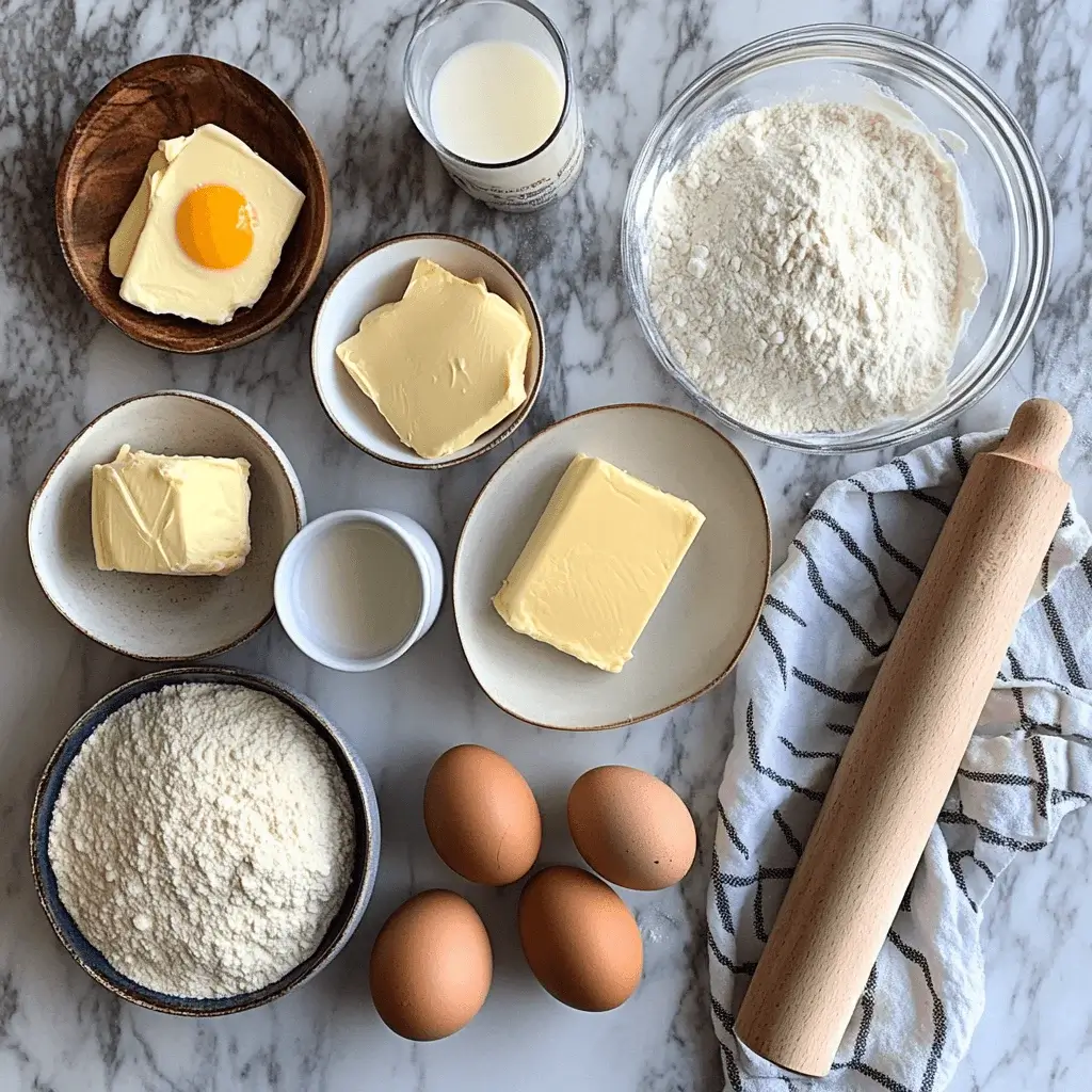 Ingredients for Gipfeli including flour, butter, and milk on a countertop