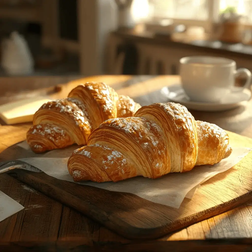 Freshly baked golden Gipfeli on a wooden table