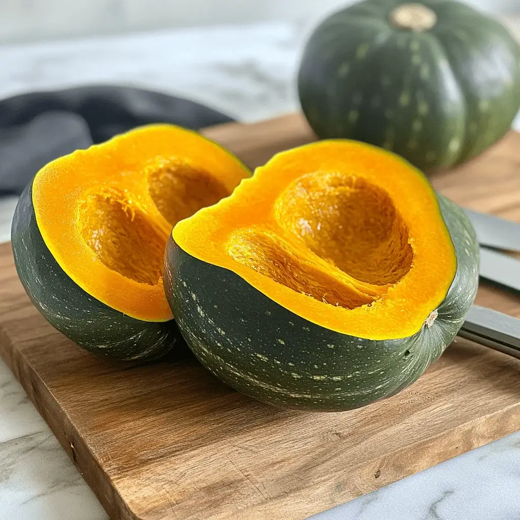 A whole kabocha squash next to sliced pieces on a cutting board.