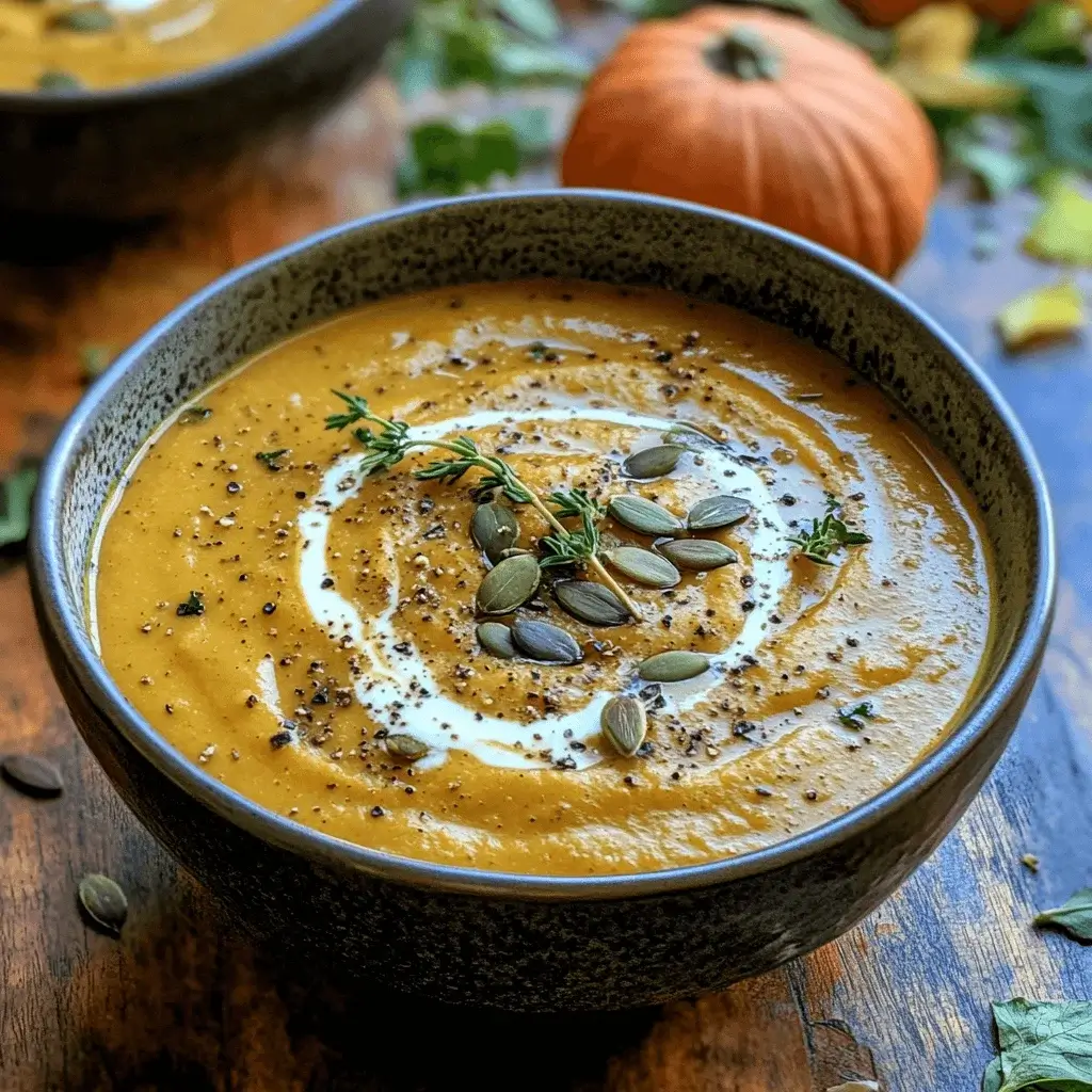 A bowl of kabocha squash soup garnished with cream and herbs.