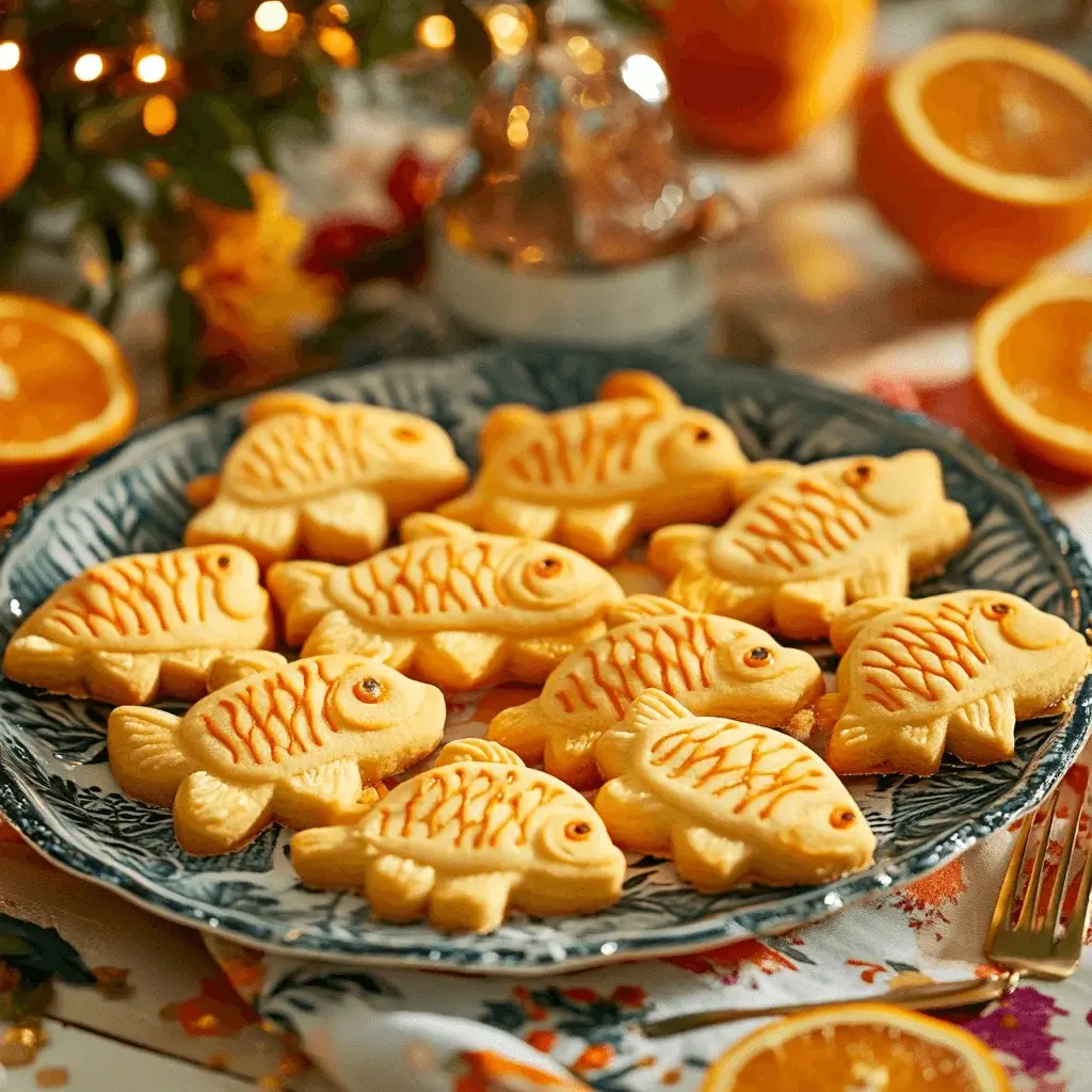 Brightly decorated orange fish-shaped cookies on a wooden table