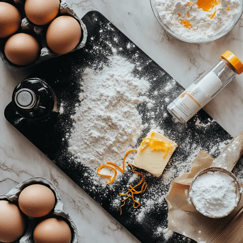 Ingredients for baking orange fish cookies arranged neatly