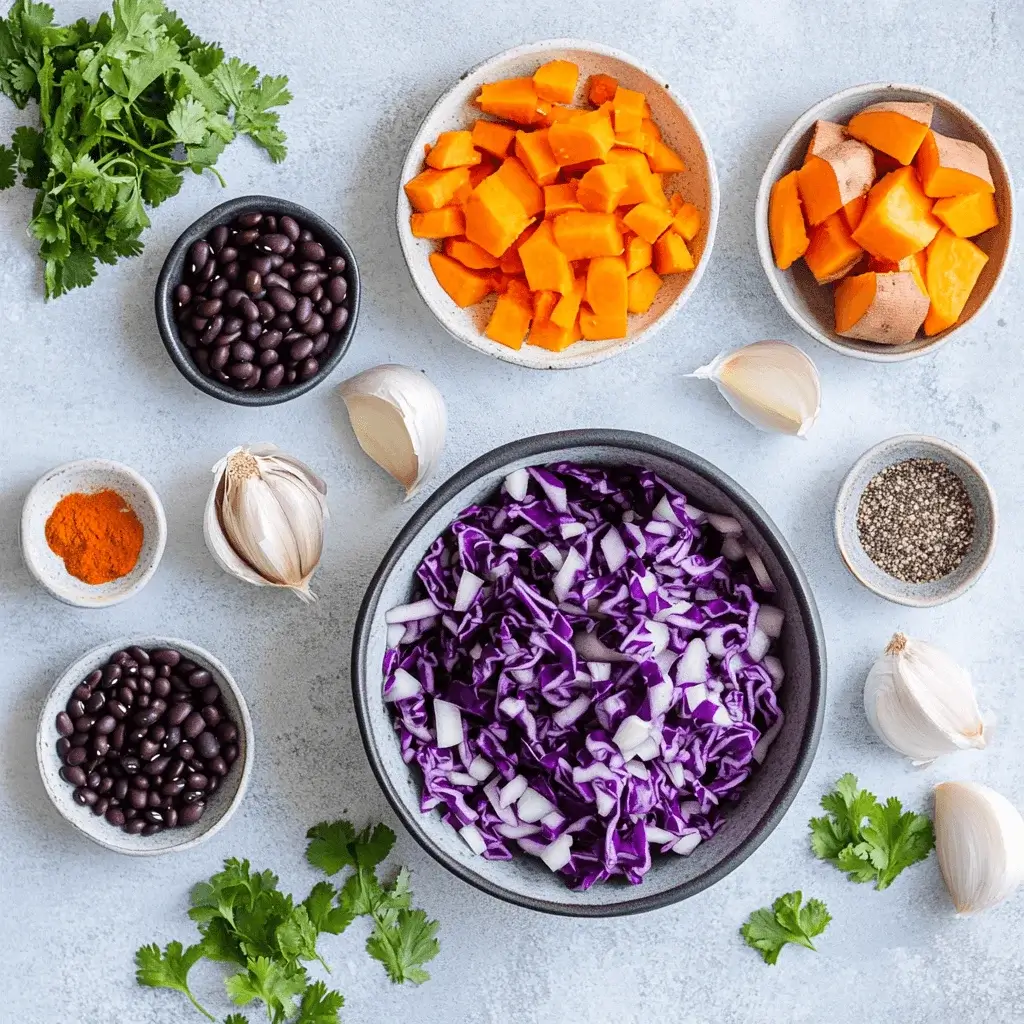 Ingredients for purple black bean soup laid out on a table.