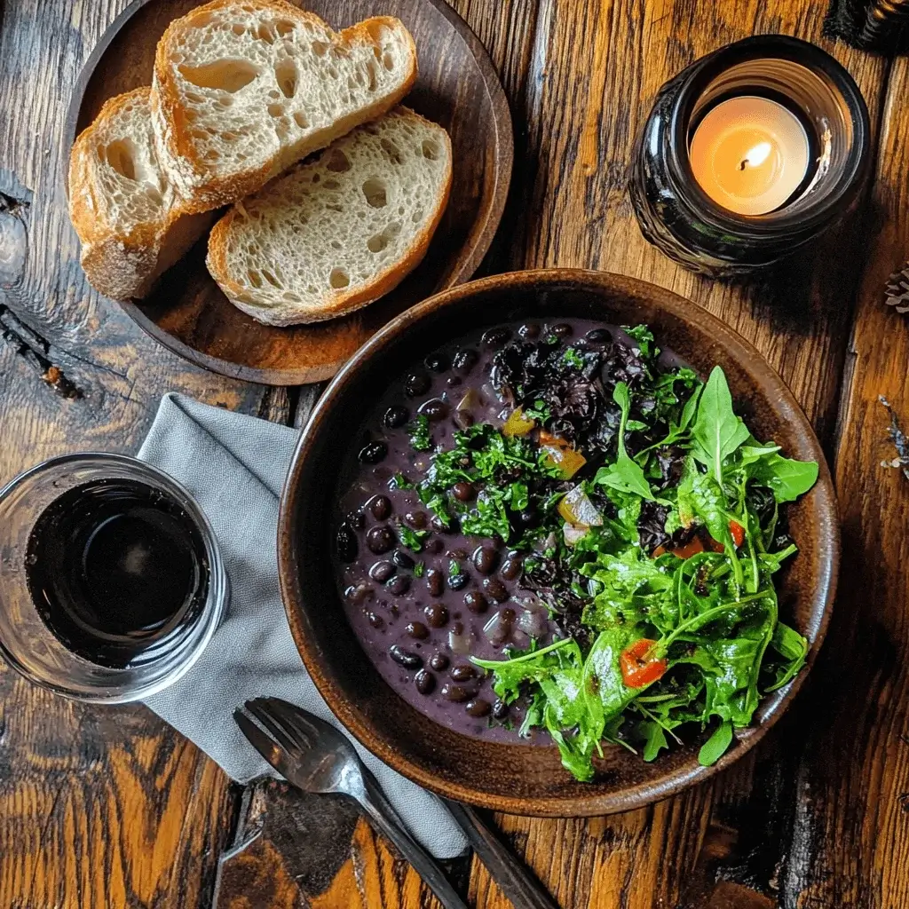 A bowl of purple black bean soup with a side of bread and salad.