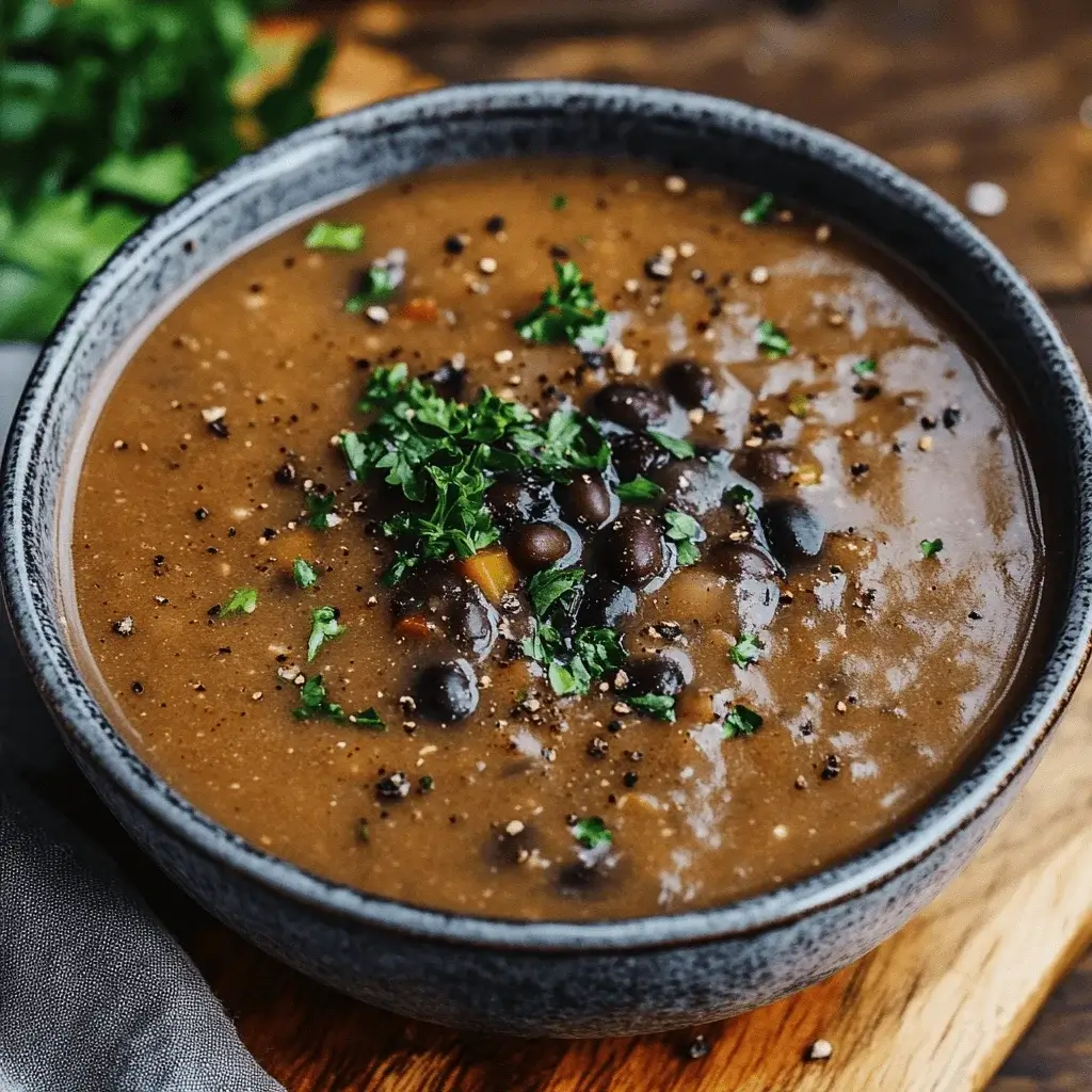 A vibrant bowl of purple black bean soup with garnishes.