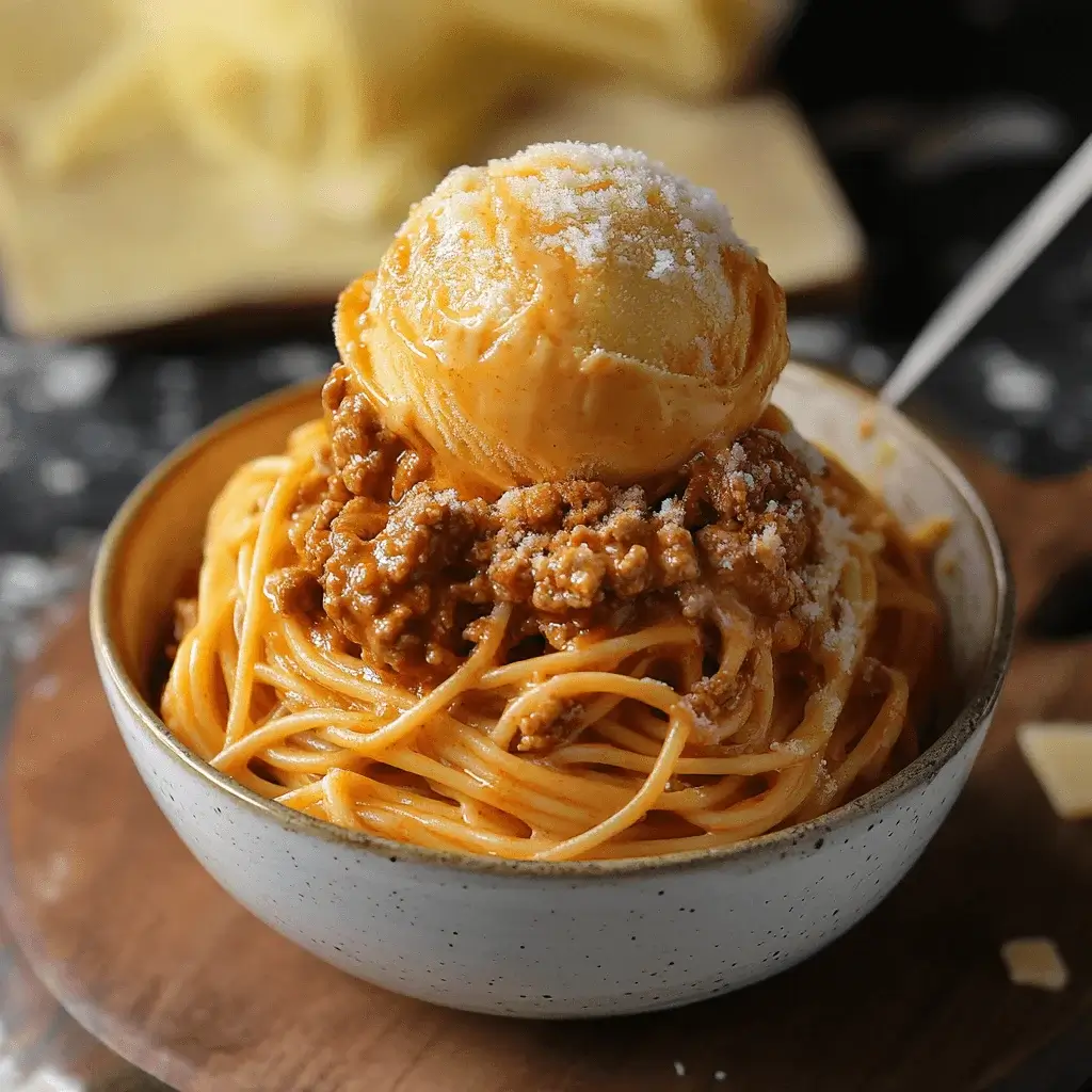 A creative serving of Bolognese Ice Cream with pairing dishes