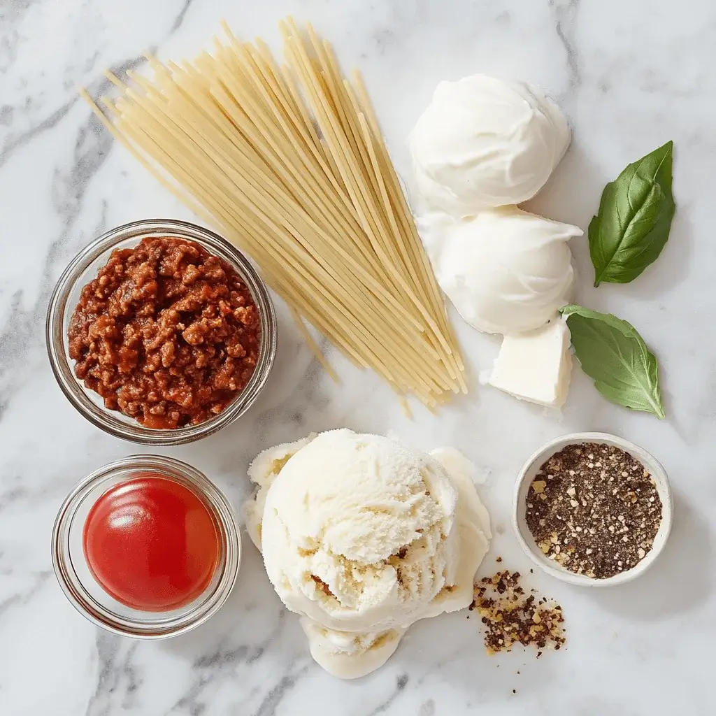 Ingredients of Bolognese Ice Cream laid out artistically.