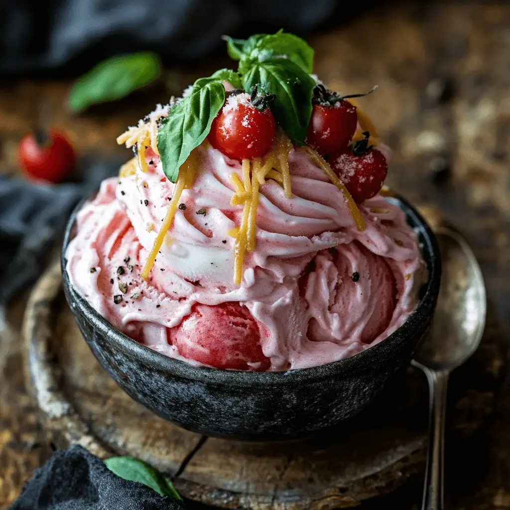 A bowl of Bolognese Ice Cream garnished with fresh herbs.