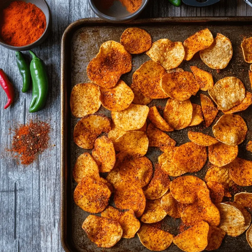 Homemade spicy chips on a baking tray with chili flakes and peppers.