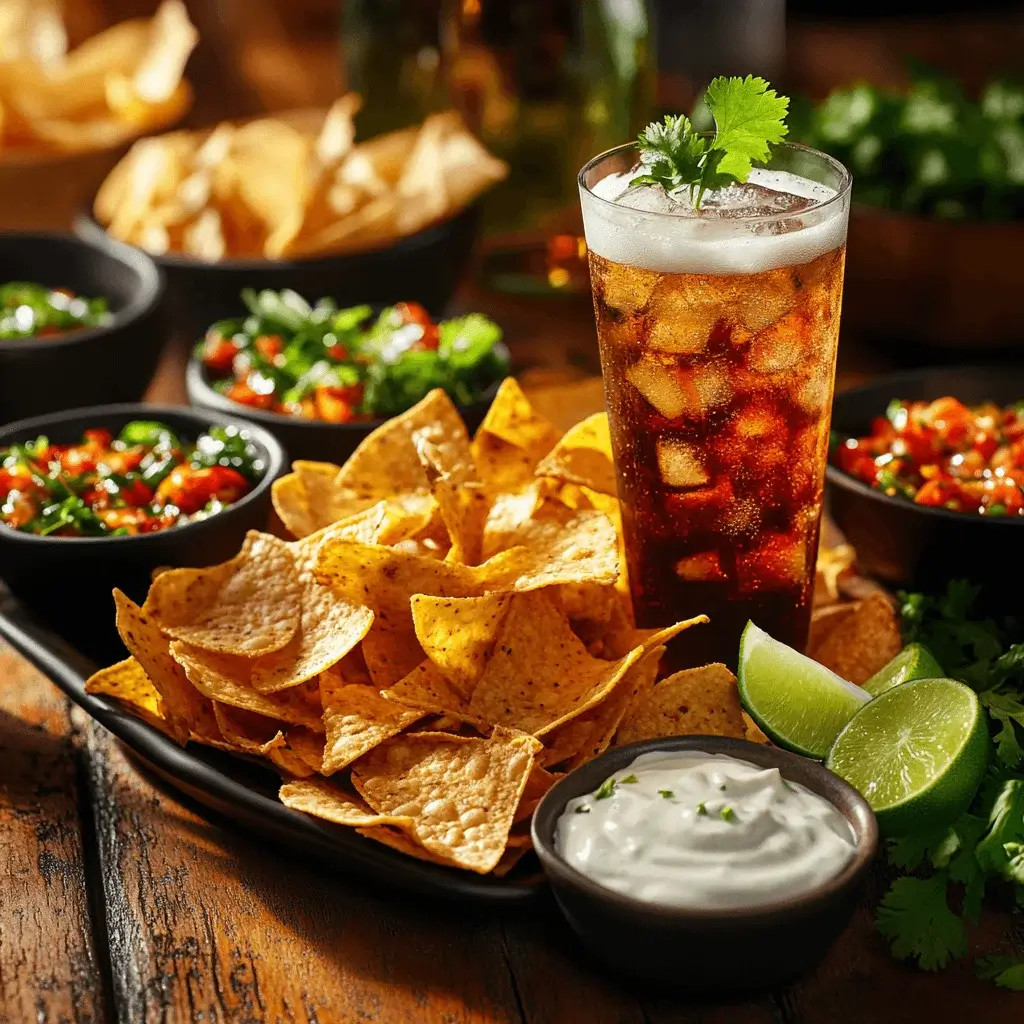 Spicy chips paired with dips and drinks on a party table.