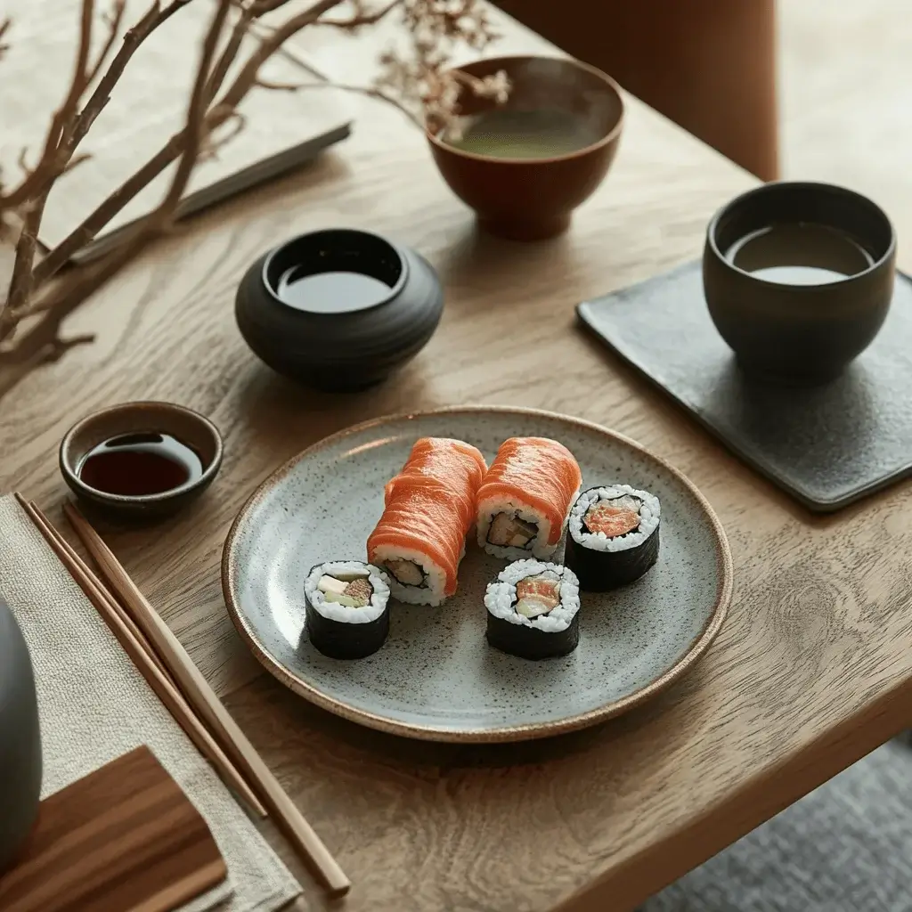 Alaska Roll served with miso soup, green tea, and soy sauce