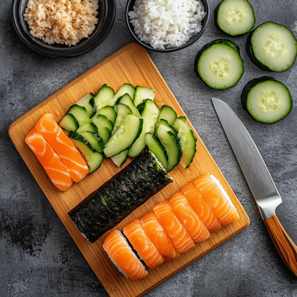 Fresh ingredients for Alaska Roll neatly arranged on a cutting board.