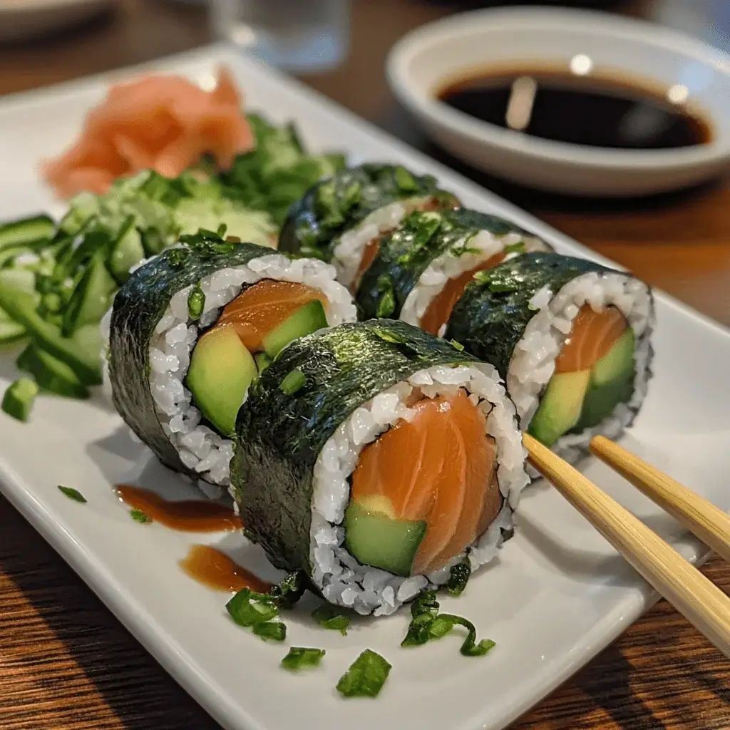 A beautifully presented Alaska Roll on a white plate with chopsticks.