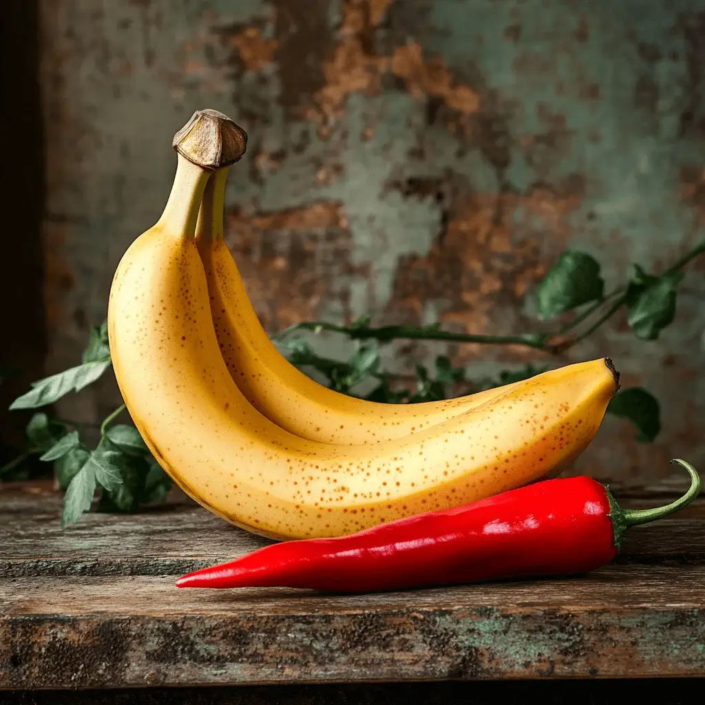 A vibrant composition of a banana and pepper on a wooden table.