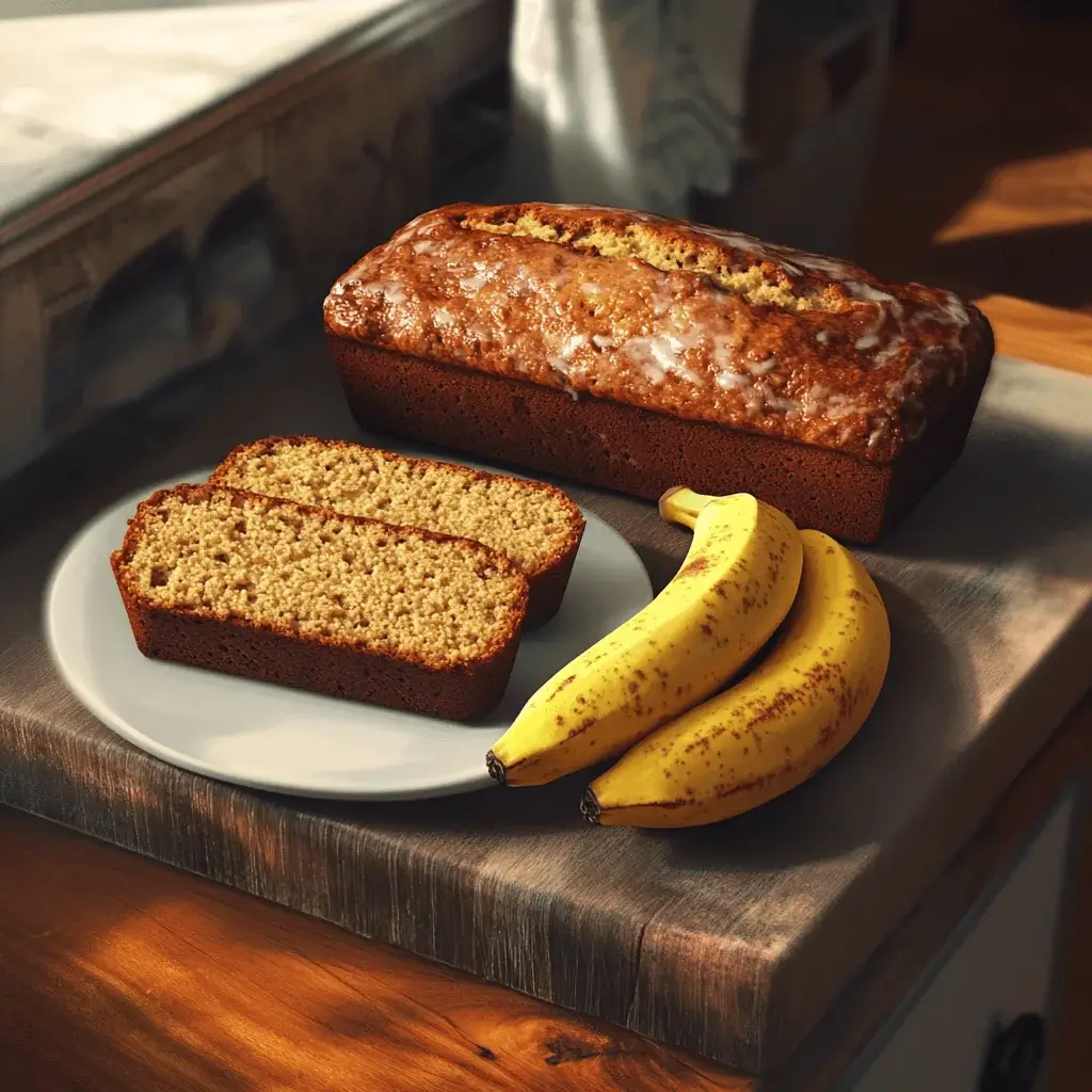 Frozen bananas and fresh banana bread on a kitchen counter.