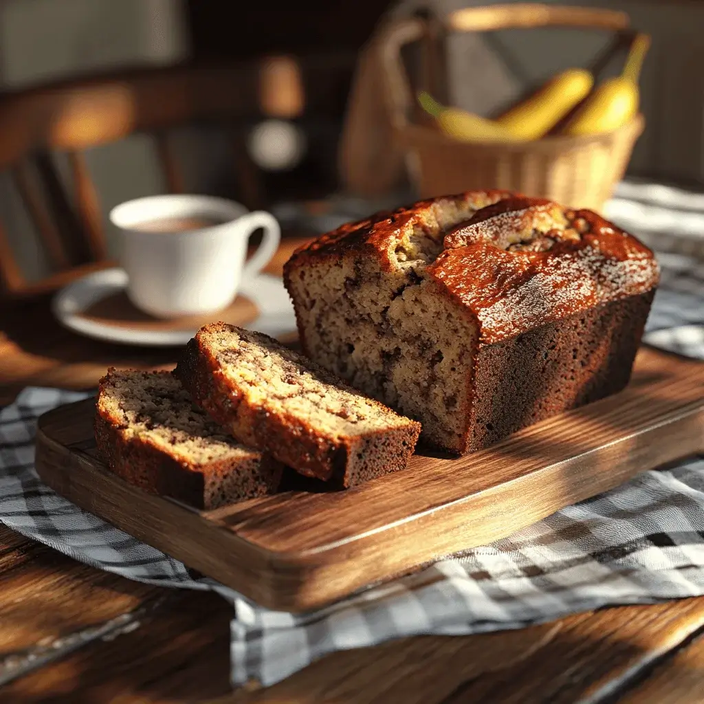 A sliced loaf of banana bread made using thawed frozen bananas.