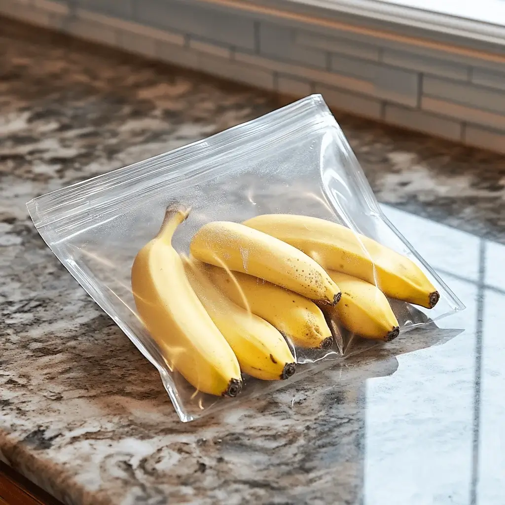 Peeled bananas in a freezer-safe bag being prepared for freezing.