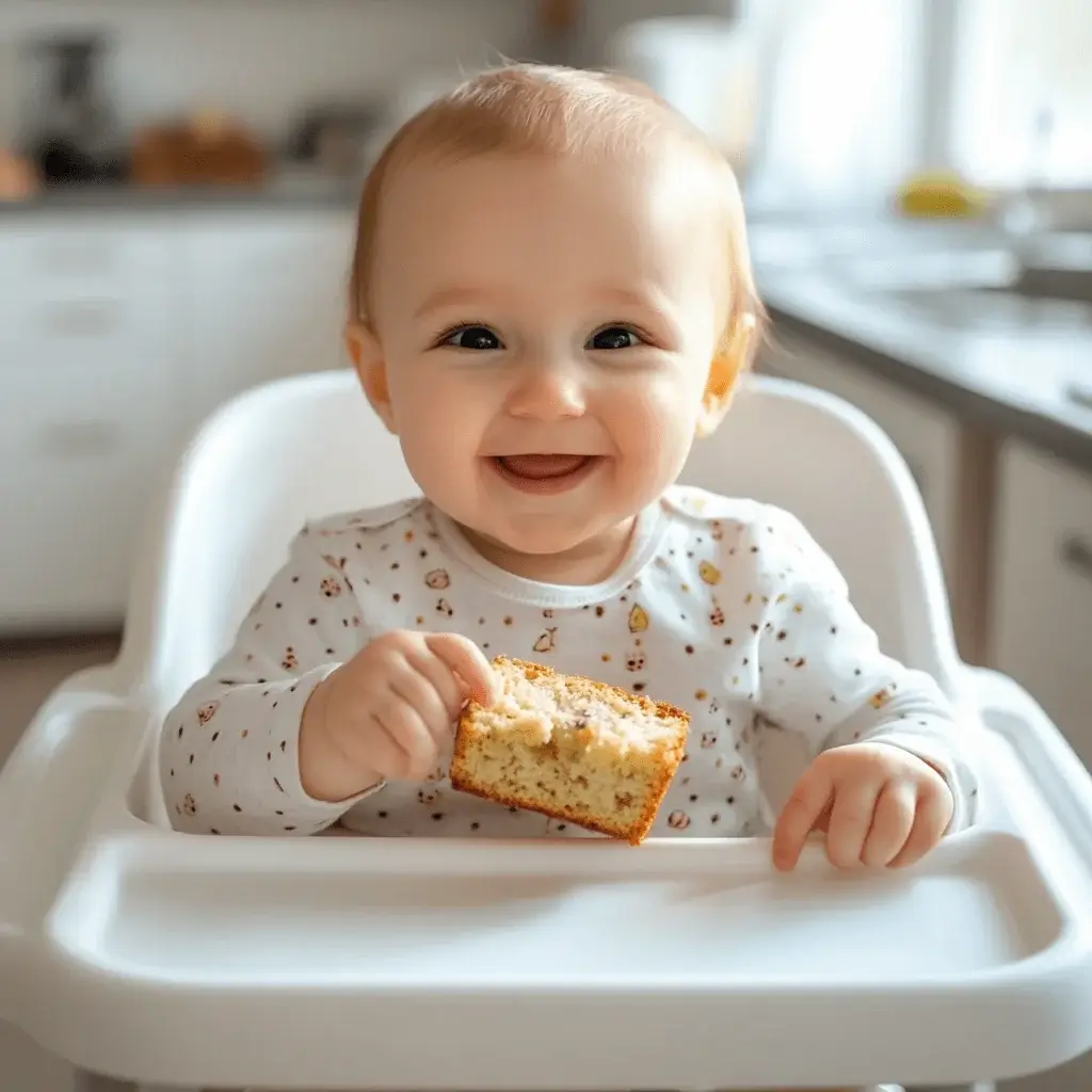 A baby eating banana bread safely.