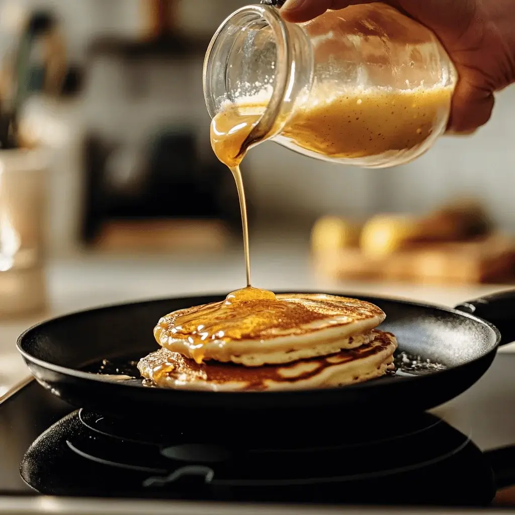 A close-up of pancake batter being poured into a hot skillet.