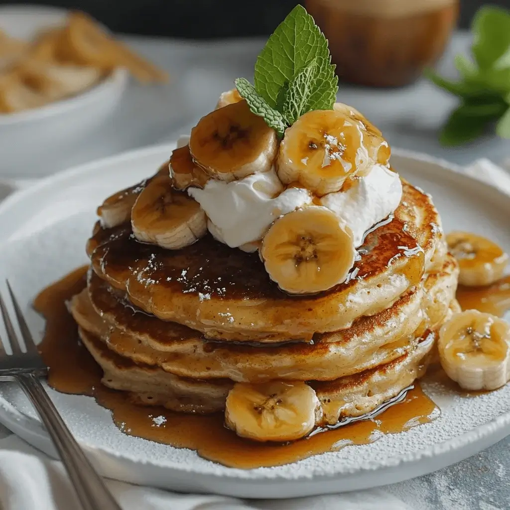 A beautifully plated stack of Bananas Foster Pancakes with garnishes.