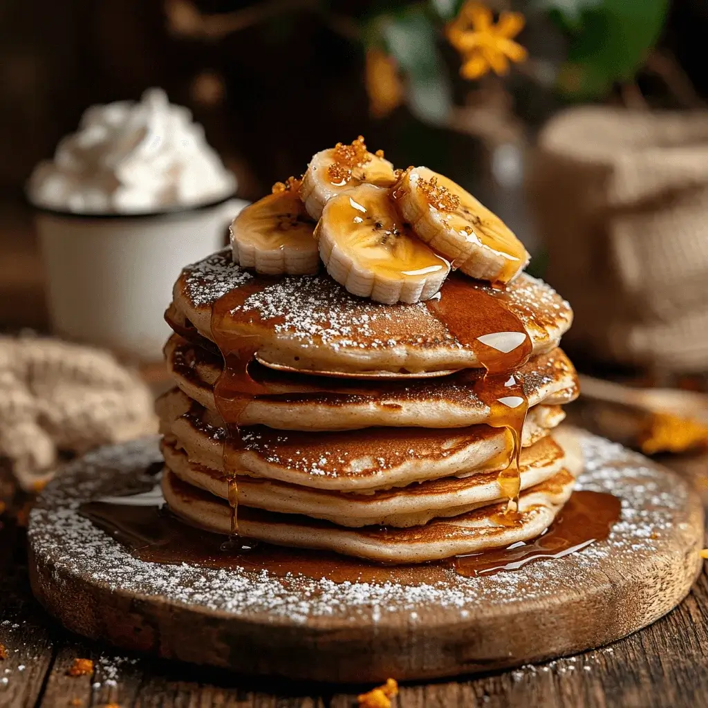 Bananas Foster Pancakes served on a wooden table with a caramel sauce drizzle.