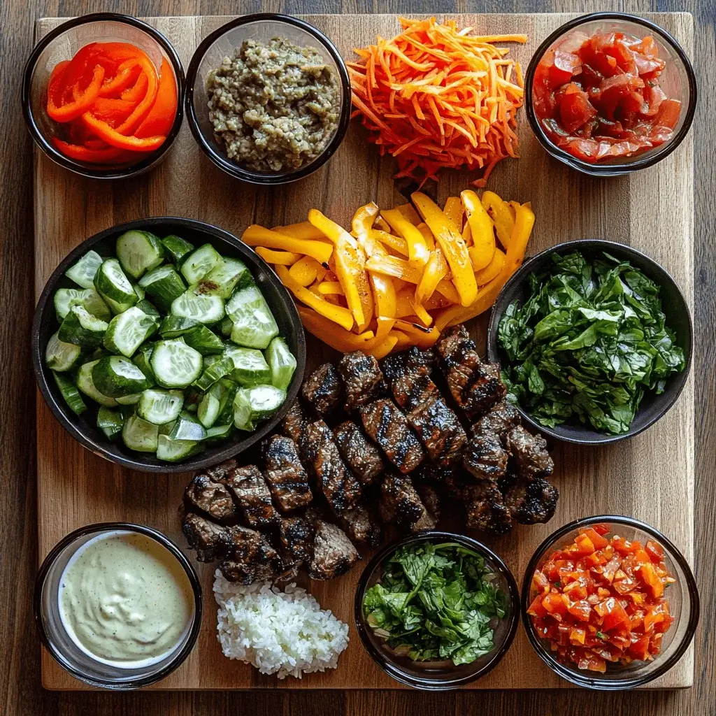 Step-by-step preparation of a burger bowl with ingredients laid out.