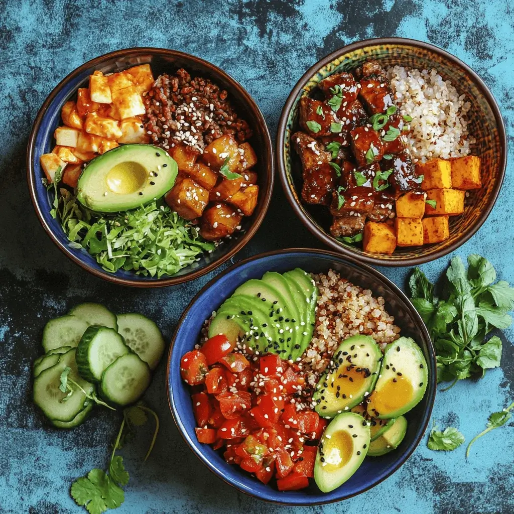 Three different burger bowl variations showcasing various styles.