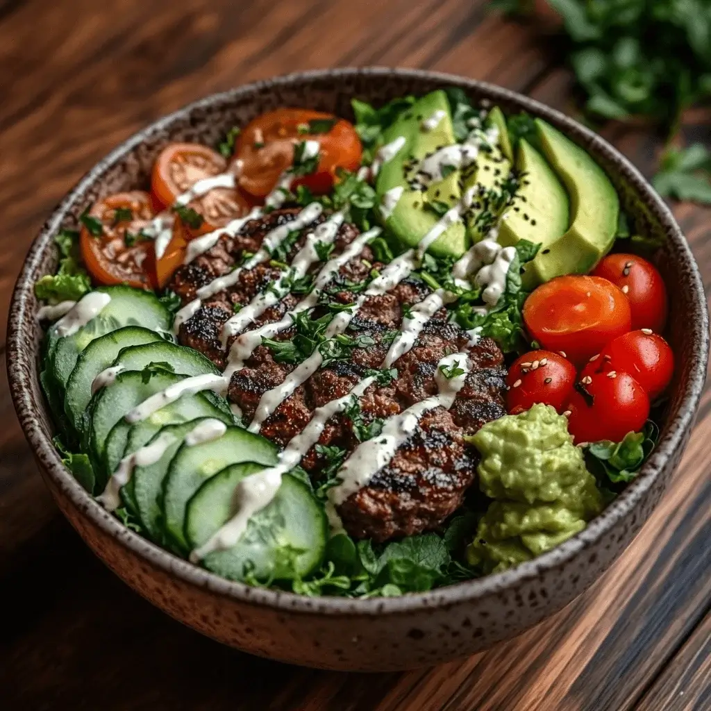 A fresh and vibrant burger bowl featuring greens, grilled beef, and colorful vegetables.