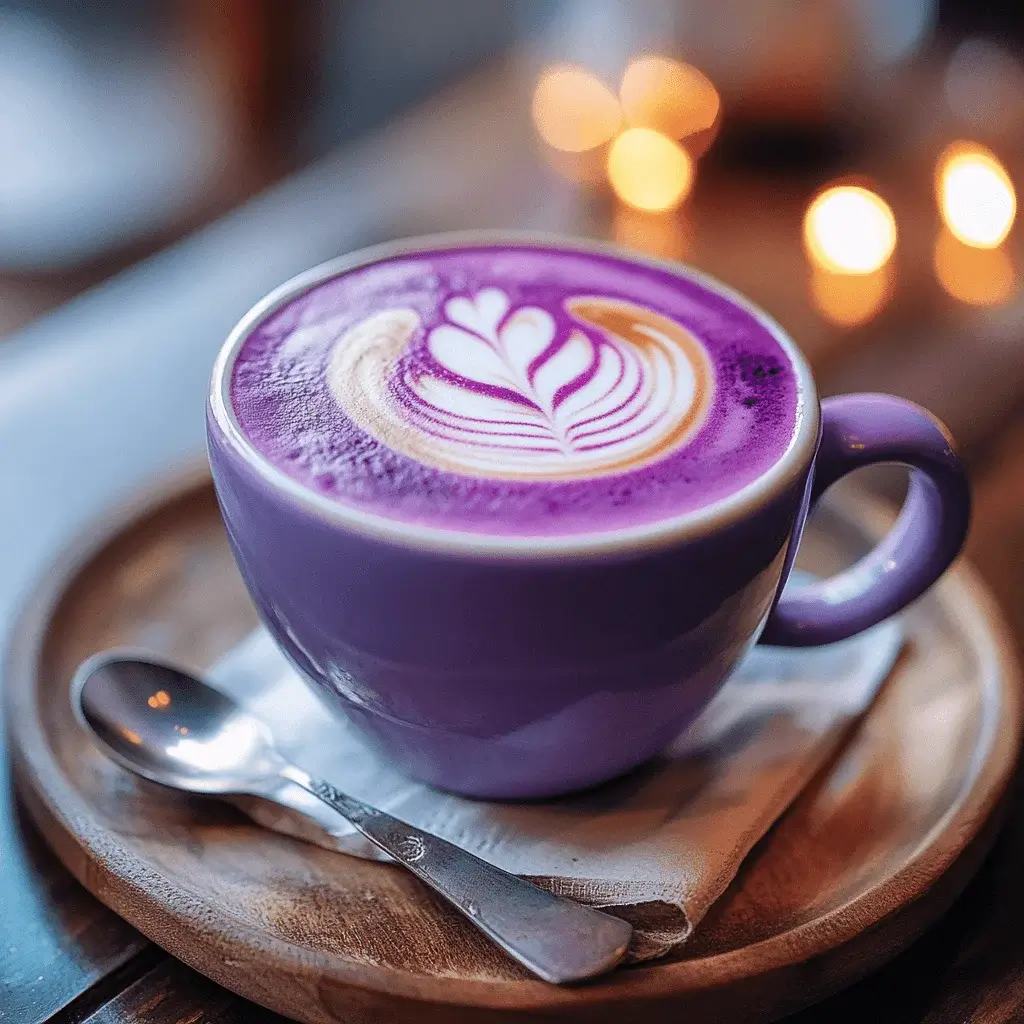 Ube latte with a decorative swirl.