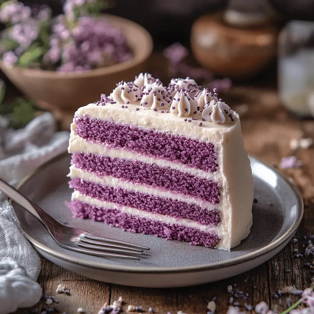 Ube cake slices on a plate.