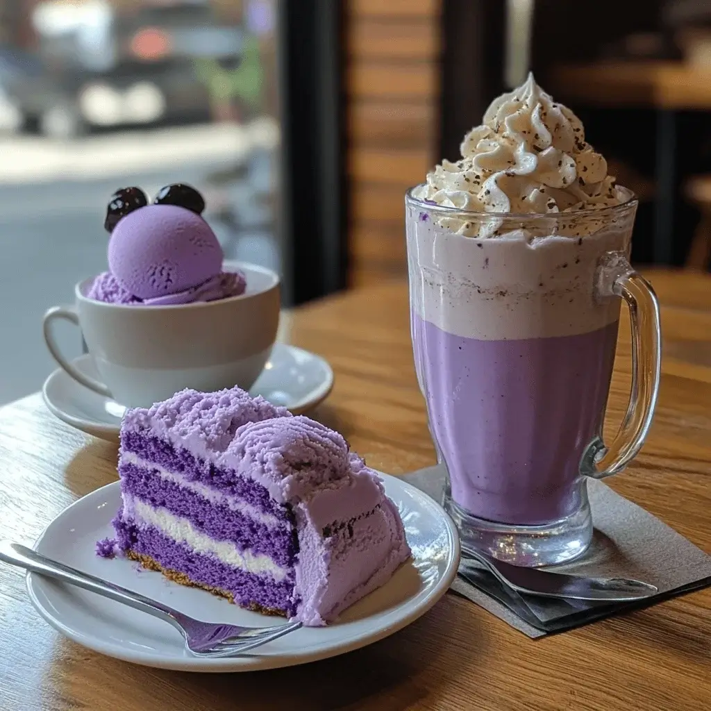 Vibrant ube desserts on a table.