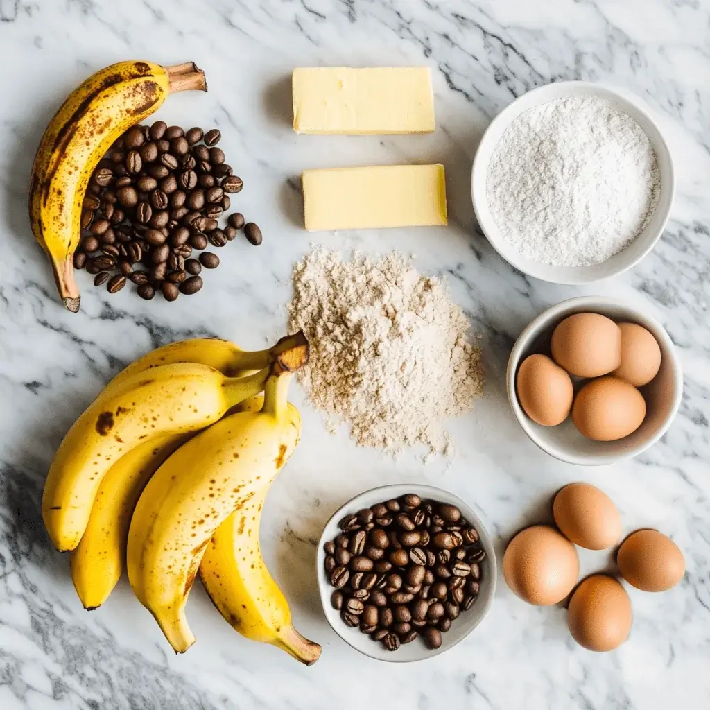 Key ingredients for cardomon coffee banana bread: ripe bananas, coffee, cardomon pods, flour, and sugar.