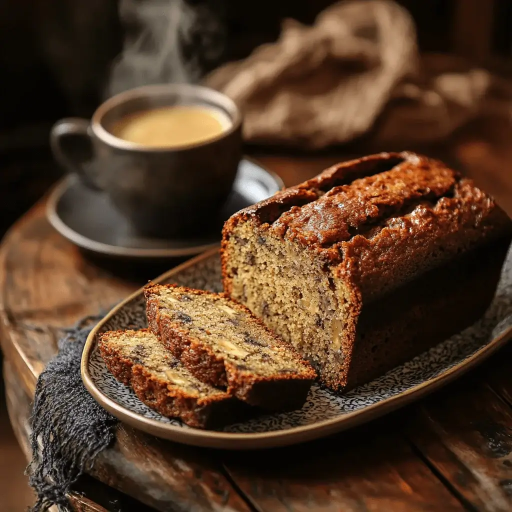 Sliced cardomon coffee banana bread served on a plate with a cup of coffee.