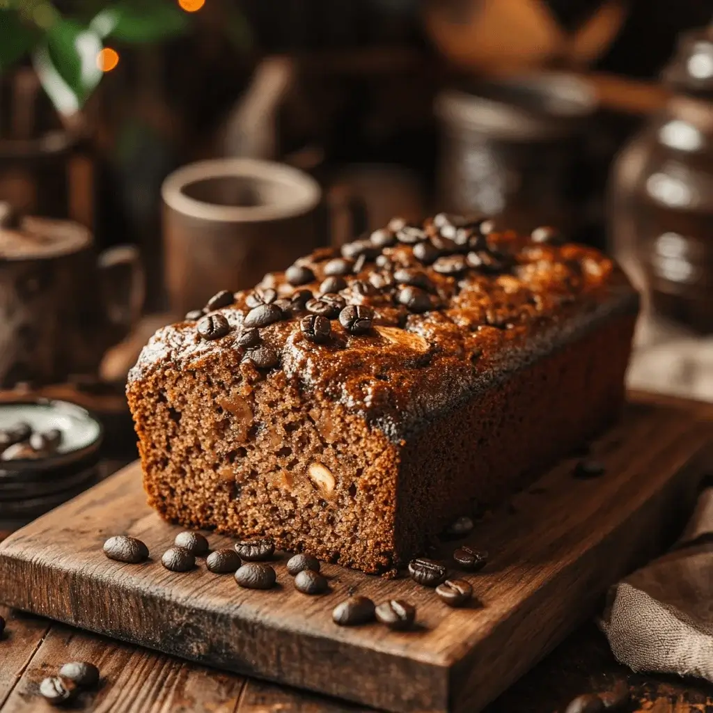 A loaf of freshly baked cardomon coffee banana bread surrounded by coffee beans and cardomon pods.