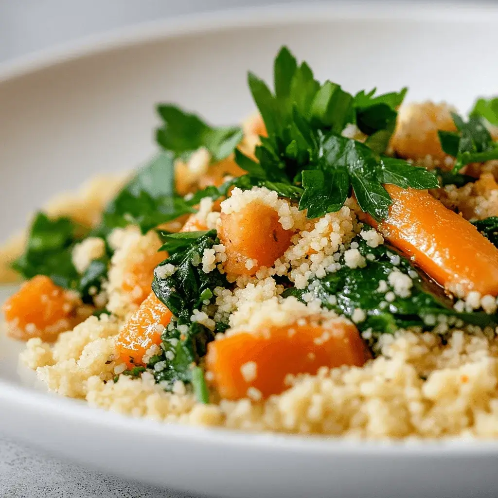 A close-up of cooked carrot and spinach couscous on a white plate