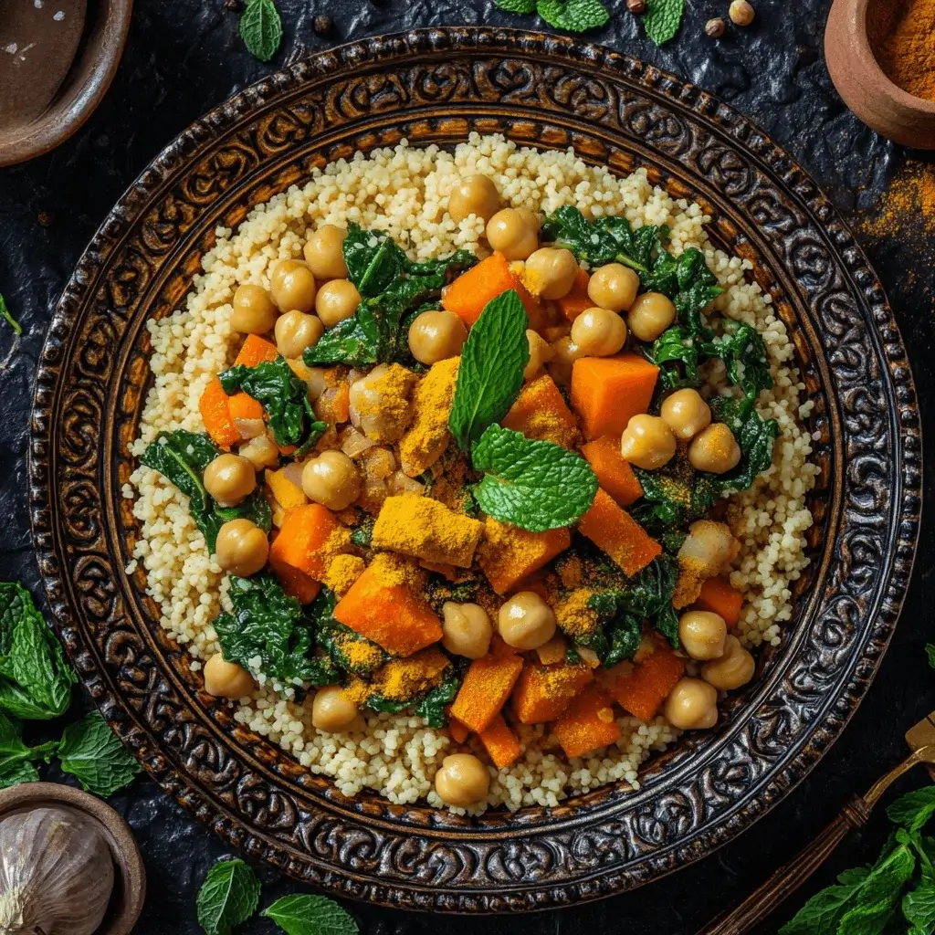 Moroccan-style carrot and spinach couscous served with chickpeas and spices