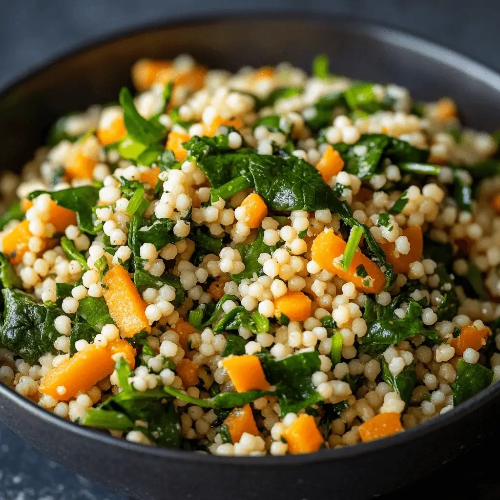 A colorful bowl of couscous with carrots and spinach