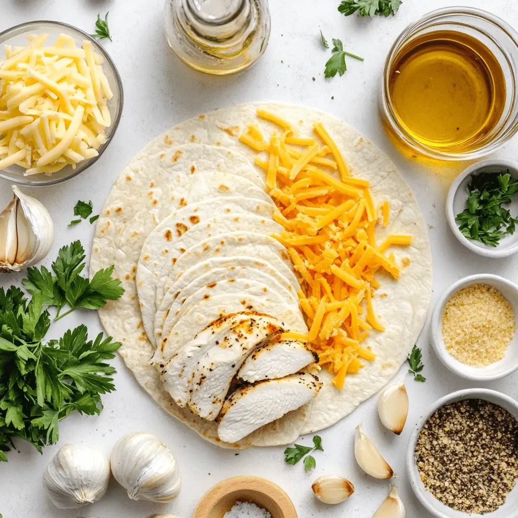 Ingredients for cheesy garlic chicken wraps laid out.