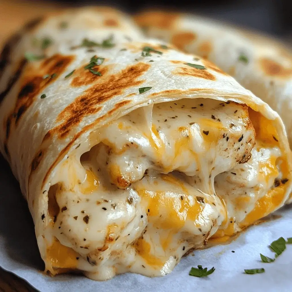 Cheesy garlic chicken wraps on a plate with dipping sauce.