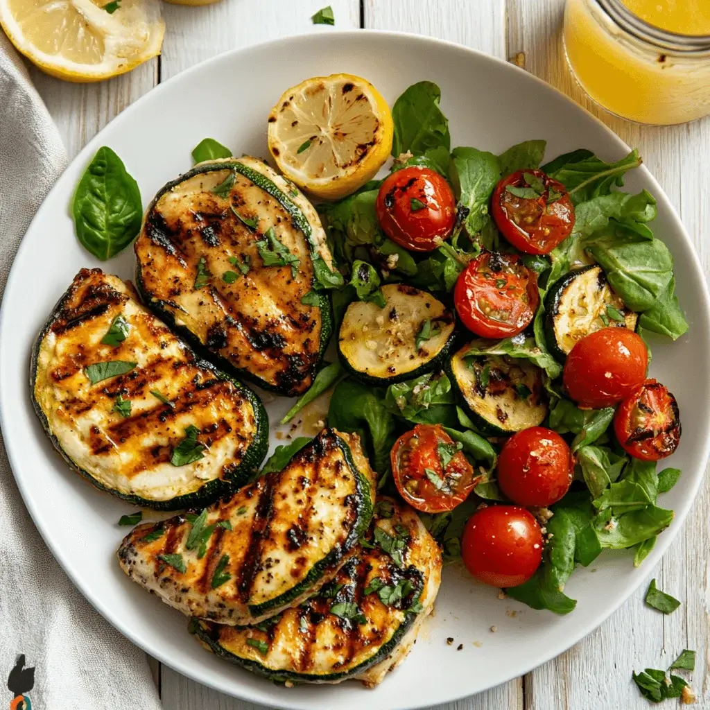 Cheesy garlic zucchini steaks served as a side dish with grilled chicken