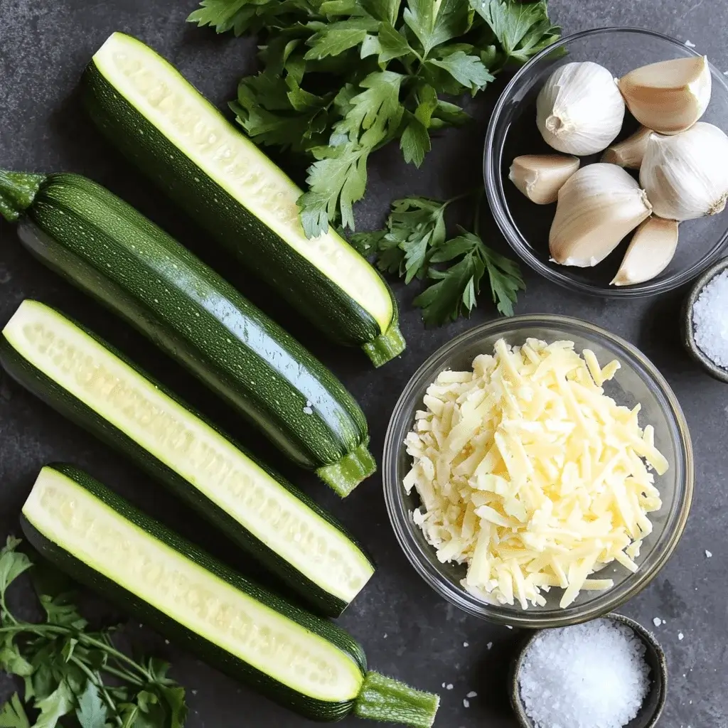 Ingredients for cheesy garlic zucchini steaks on a kitchen countertop