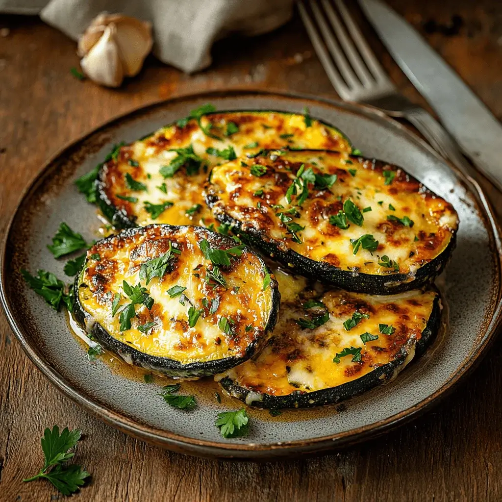 A plate of cheesy garlic zucchini steaks garnished with fresh herbs