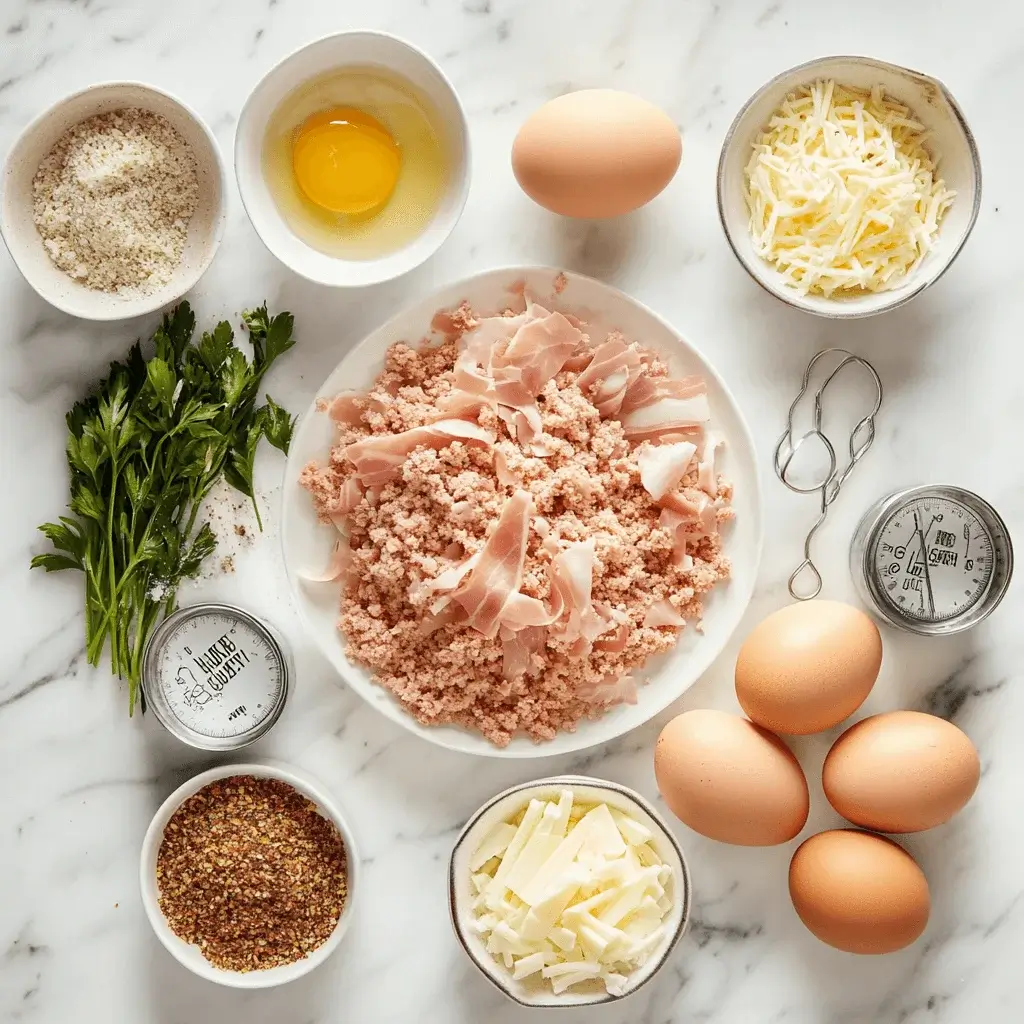 Ingredients for chicken cordon bleu meatloaf, including ground chicken, ham, Swiss cheese, breadcrumbs, and eggs.