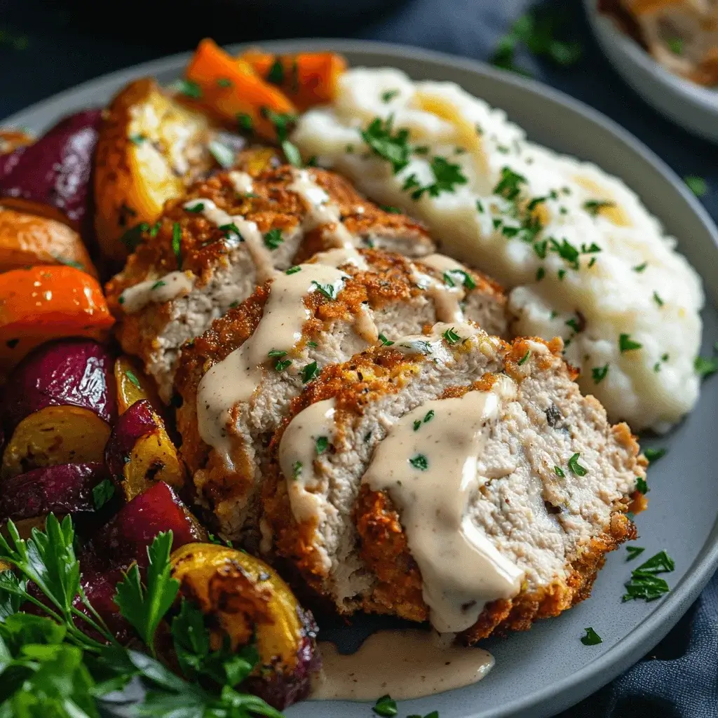 Slices of chicken cordon bleu meatloaf served with roasted vegetables and mashed potatoes.